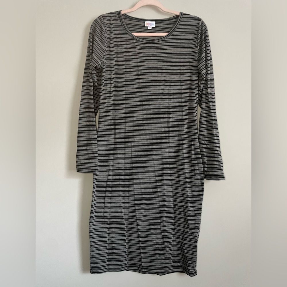 Black and Gray Striped Lularoe Debbie Long-Sleeved Dress